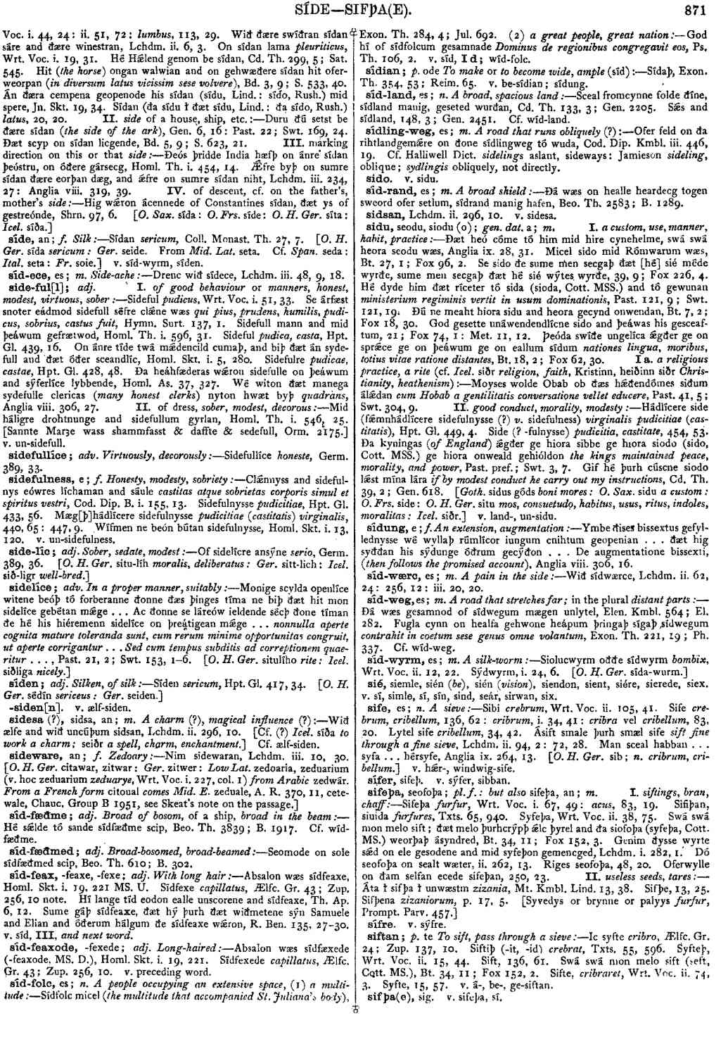 Bosworth-Toller page that includes "sidu"